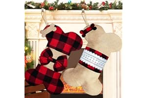 Senneny 2 Pack Pet Dog Christmas Stockings Buffalo Red Black Plaid Burlap Large Bone Shape Hanging Christmas Stocking for Dogs Pets