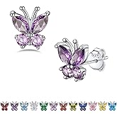 Bestyle Sterling Silver Butterfly Earrings for Women, Dainty Cute Birthstone Studs Hypoallergenic Jewelry, Great Birthday Gift