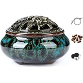 LamDawn Censer Sky Blue Incense Burner with Calabash Incense Stick Holder - Porcelain Charcoal Censer for Use with Resin Granular Powder Cone or Coil Incense (Blue Fambe)