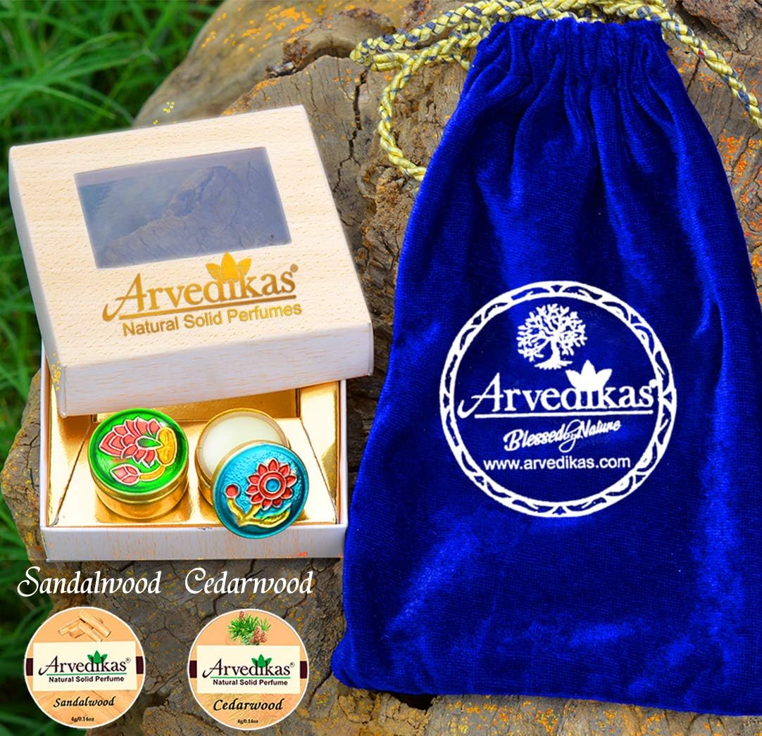 Arvedikas A Gift Set of 2pcs Natural Solid Perfumes Kamasutra & Rose Body Musk Cologne Mini Brass Jars 4gm each/essential oil & beeswax blends/pocket size long lasting parfum/FREE VELVET POUCH