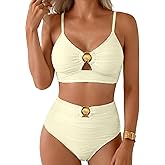 Herseas Womens 2 Piece Bikini Sets High Waisted Metal Ring Textured Swimsuit 2026 Summer Bathing Suits Beach Swimwear