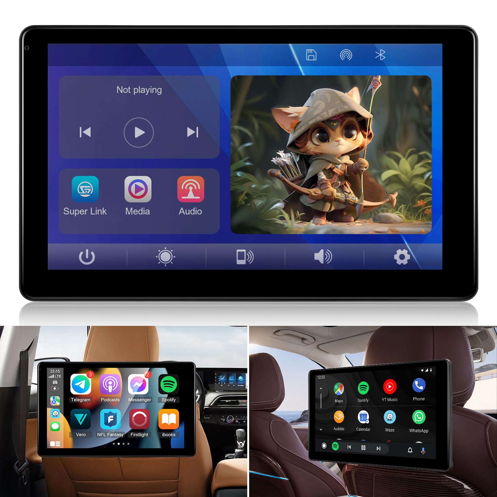 Photo 1 of NHOPEEW Car Headrest Video Player, 9 inch IPS Screen Headrest TV Support Phone Wireless Carplay and Android Auto, Mirror Link, Video Website, Voice Control + 64G Memory Card