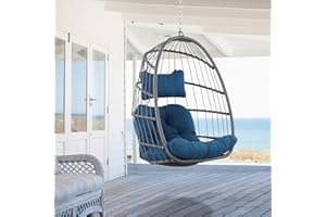 XIAO WEI Hanging Egg Chair - Patio Rattan Wicker Swing Egg Chair Hammock Chair for Indoor Outdoor Bedroom Garden - Aluminum Steel Frame UV Resistant Cushion (Aluminum-Without Stand, Teal Blue)