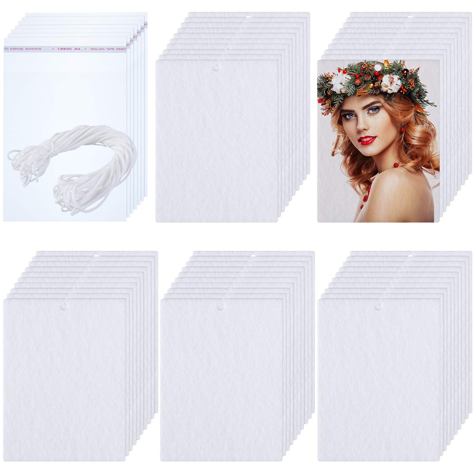 Photo 1 of 50 Pieces Sublimation Air Freshener Blank Sheets Car Scented Hanging Felt Air Freshener White Fragrant Sheets with 100 Pieces Bags and Elastic Rope for Interior Use and Decor
