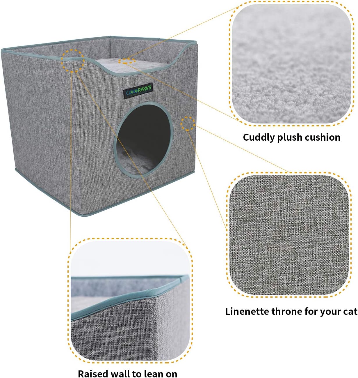 JESPET Foldable Cat Condo, Cat Cube House & Sleeper Bed with Lying Surface 2 Reversible Cushions, Cat Hiding Place, Cat Cave, Linenette Fabric, Felt and Engineered Wood, Scratch Resistant, Smoke Gray : Pet Supplies