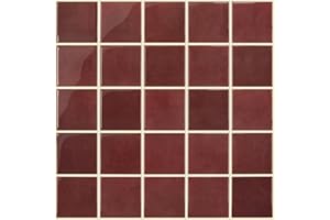 SMOOSTIKC Thicker Dark Red Peel and Stick Backsplash Tiles-10 pcs of 12" x 12"-3D Adhesive Glossy Square Panels Stick on Backsplash Tiles for Kitchen,Bathroom, Vinyl, Waterproof, Interior Wall Tiles