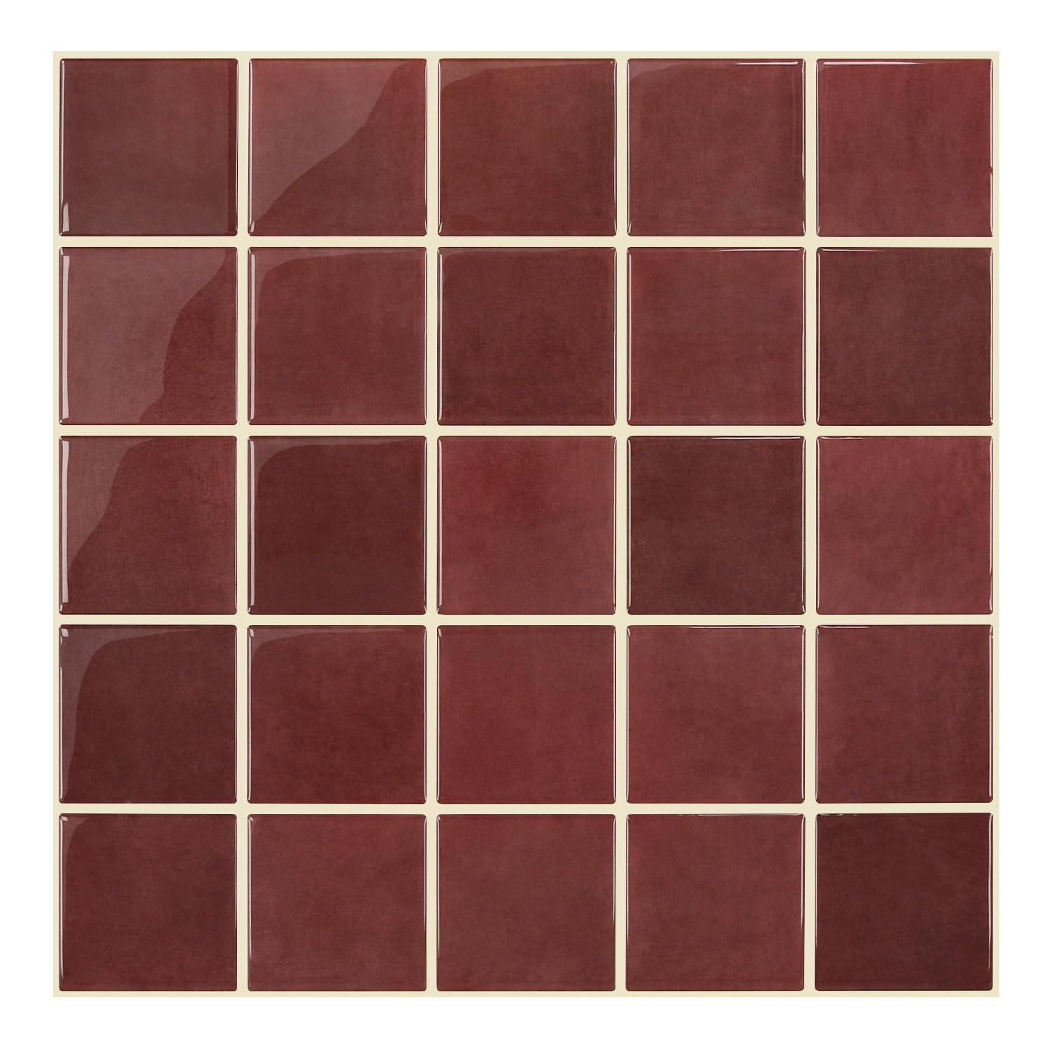 Photo 1 of SMOOSTIKC Thicker Dark Red Peel and Stick Backsplash Tiles-10 pcs of 12" x 12"-3D Adhesive Glossy Square Panels Stick on Backsplash Tiles for Kitchen,Bathroom, Vinyl, Waterproof, Interior Wall Tiles