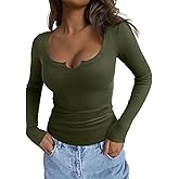 REORIA Womens Long Sleeve Scoop V Neck Shirts Ribbed Knit Slim Fitted Tops Trendy 2025 Fall Basic Tees Going Out Blouse