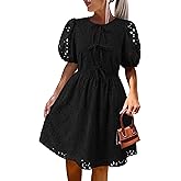 KIRUNDO Eyelet Summer Dresses for Women 2025 Short Sleeve Tie Front Babydoll A Line Wedding Guest Beach Vacation Sundress