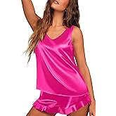 Ekouaer Womens Silk Pajamas Set 2 Piece Satin Camisole Pjs V Neck Tank Top and Shorts with Ruffle Sleepwear