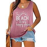 JULYCLO Plus Size Beach Tank Top The Beach is My Happy Place Graphic T-Shirt Women Sleeveless Shirt Hawaiian Vacation Tee