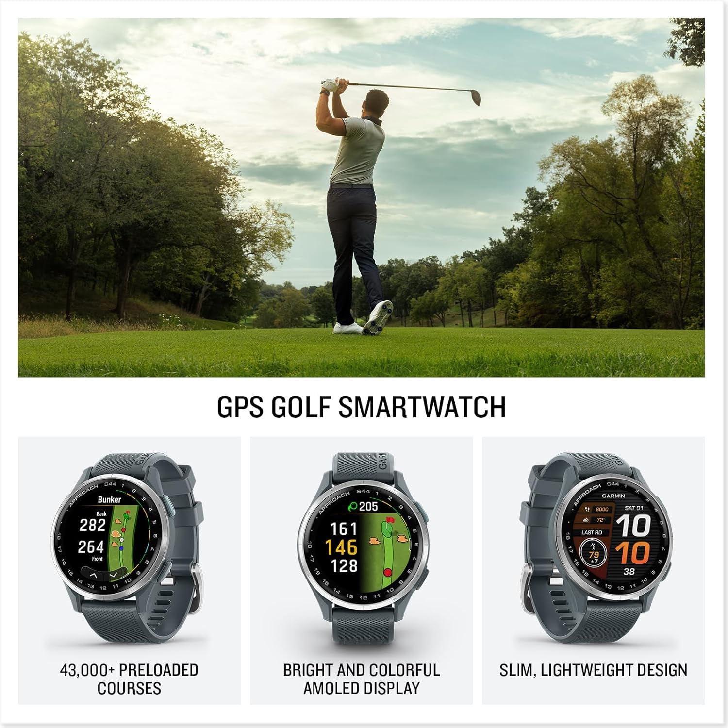 Garmin Approach S44 Essential Golf Watch with GPS, AMOLED Display, On-Course Features, Sports and Fitness Smartwatch, Silver Aluminum Bezel with Black Silicone Band Bundle