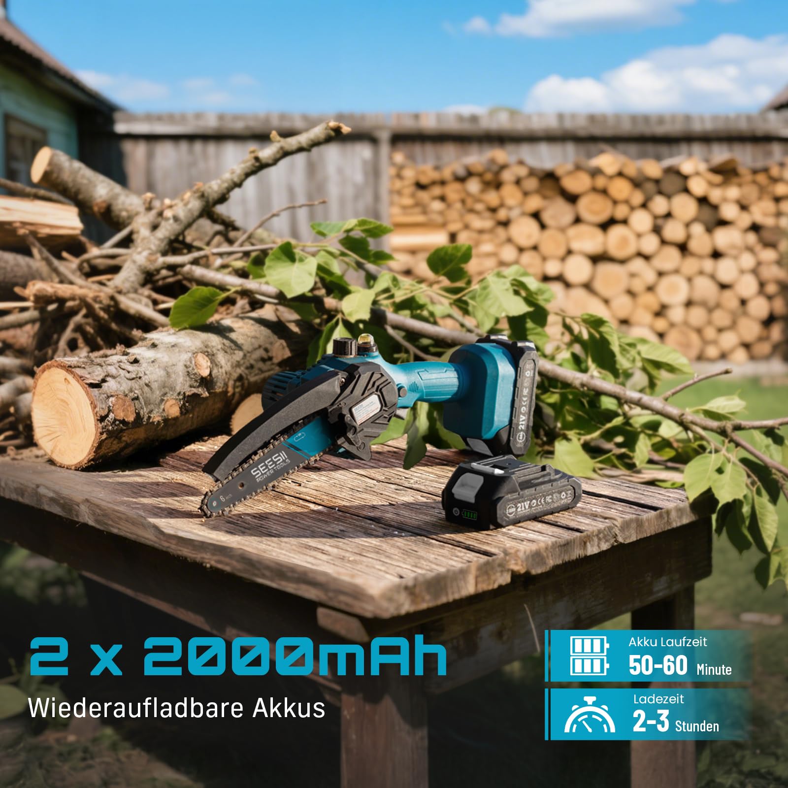 Seesii Mini-Kettensäge mit Akku, 6 Zoll, elektrische Kettensäge, kabellos, mit Schmiermittelinjektor und 2 Batterien, Mini-Kettensäge, wiederaufladbar, 2 Ketten 2