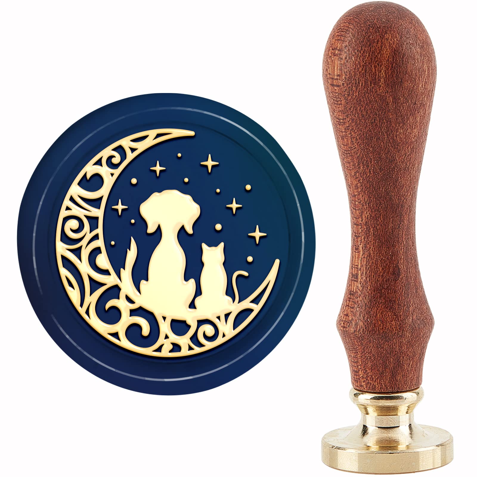 CRASPIRE Dog and Cat Wax Seal Stamp Moon Wax Stamp 30mm/1.18inch Removable Brass Head Sealing Stamp with Wooden Handle for Invitation Envelope Cards Gift Scrapbooking Decor