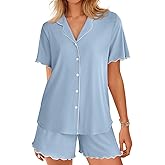 Ekouaer Button Up Pajamas Set for Women Short Sleeve Ribbed Knit Sleepwear 2 Piece Pjs Shorts Set