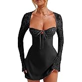 Women Lace Mini Dress Sexy Square Neck Lace Long Sleeves Backless Tie-Up A-Line Short Dresses Cocktail Bodycon Dress