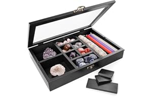Mooncraftlogy Adjustable Rock Display Case, Crystal Collection Box with Shelves, Wood Witchy Stones Organizer Storage,Gem Holder with Lid for Seashell, Collectibles, Wiccan Gift for Women (Black)