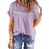 Dokotoo Womens Summer Tops Crewneck Lace Crochet Short Sleeve Shirts Casual Chiffon Blouses
