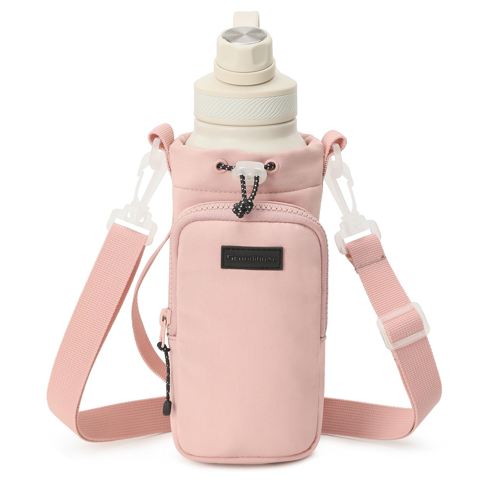 SEPWIK Water Bottle Carrier Bag With Phone Pocket - 40oz Holder Pouch With Adjustable Strap, Sleeve for Walking, Hiking, Camping, Gym - Scandihome Series Pink