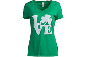 ANN ARBOR T-SHIRT CO. Shamrock Love | Funny St Pat's Paddy Patrick Patty's Green Heart Cute V-Neck T-Shirt for Women