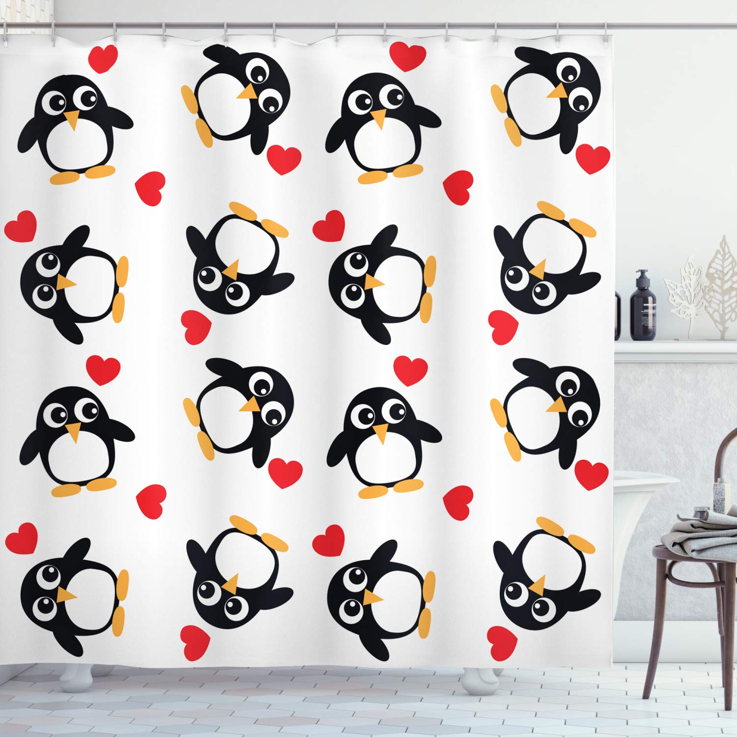 ABAKUHAUS Sea Animals Shower Curtain, Penguins with Heart Shapes Romantic Valentines Day, Cloth Fabric Bathroom Decor Set with Hooks, 78 Inches, Mustard White Black