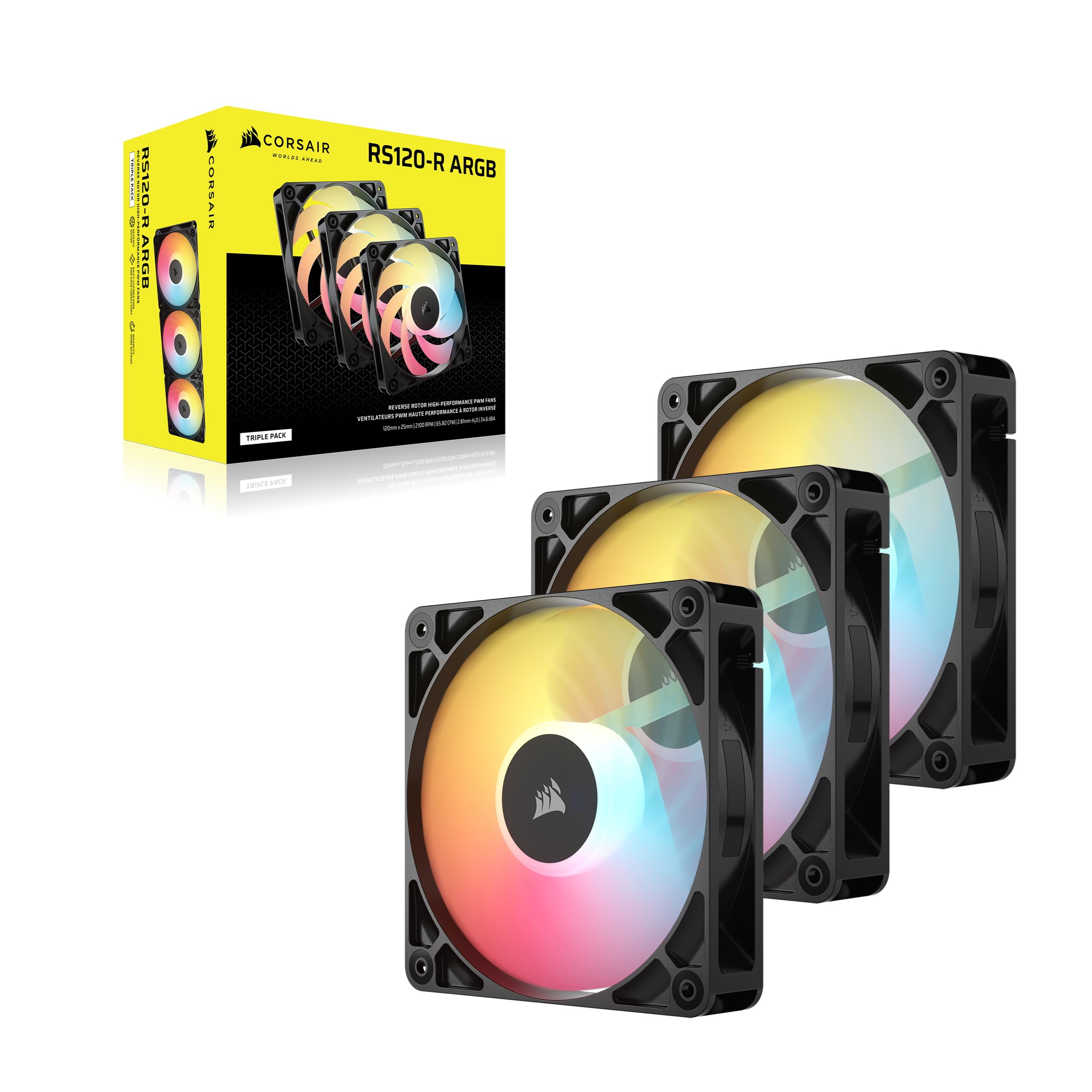 Corsair RS120-R ARGB 120mm PWM ARGB Reverse Fans – Reverse Rotor, +5V ARGB Connections, Eight RGB LEDs, High Static Pressure, Daisy-Chain, Magnetic Dome Bearing, Zero RPM Mode – Triple Pack – Black