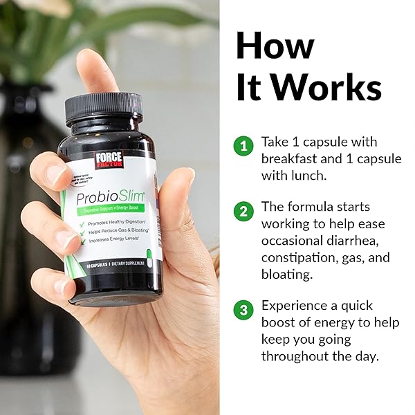 FORCE FACTOR PROBIOSLIM PROBIOTIC SUPPLEMENT FOR WOMEN AND MEN WITH PROBIOTICS AND GREEN TEA EXTRACT, REDUCE GAS, BLOATING, CONSTIPATION, SUPPORT DIGESTIVE AND GUT HEALTH, 120 CAPSULES (2-PACK)