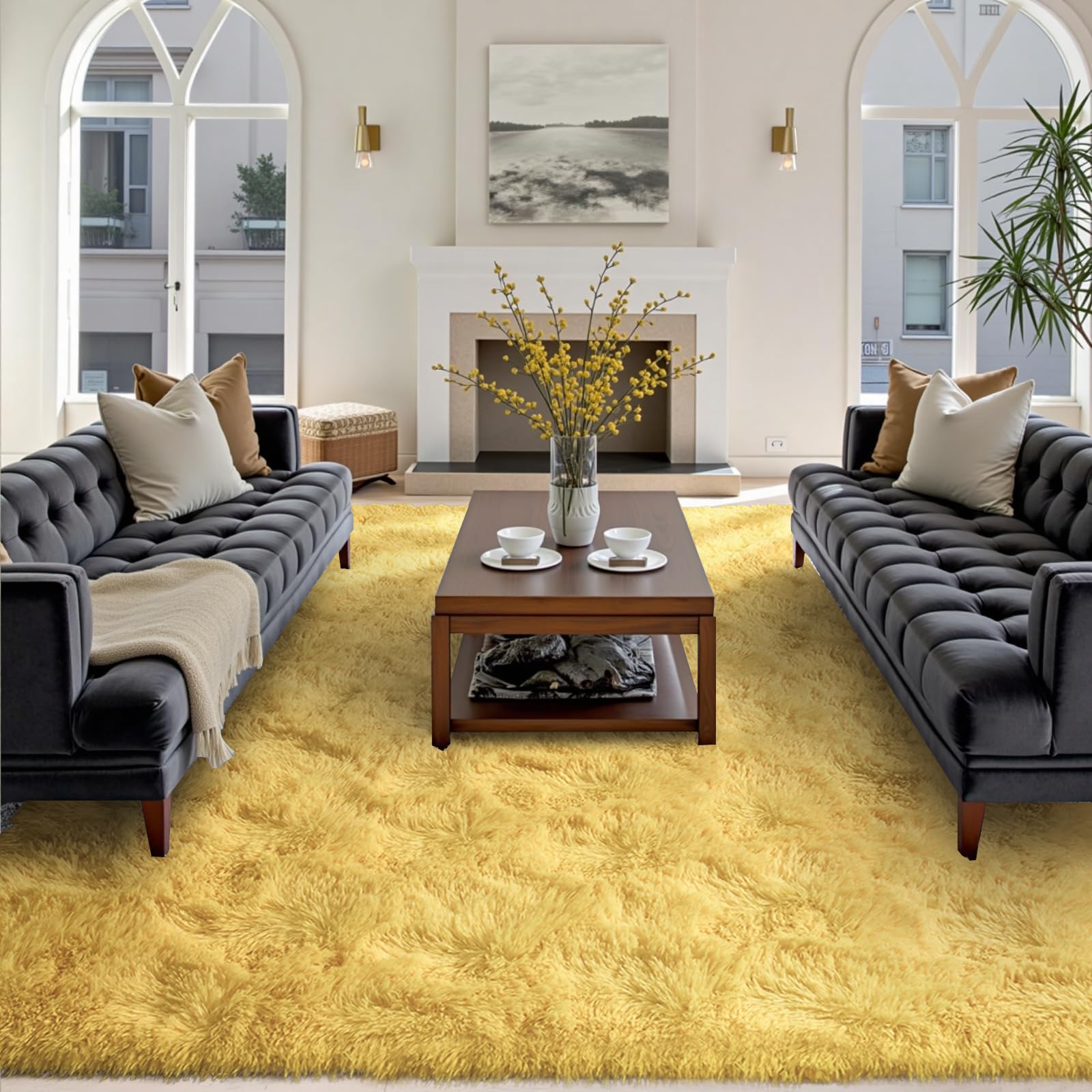 Photo 1 of FinRe?c 8x10 Feet Yellow Rugs for Living Room Bedroom, Soft Fluffy Shaggy Area Rug, Non-Slip Fuzzy Furry Shag Rug for Nursery Kids Room Dorm Room Home Decor, Indoor Plush Floor Carpet