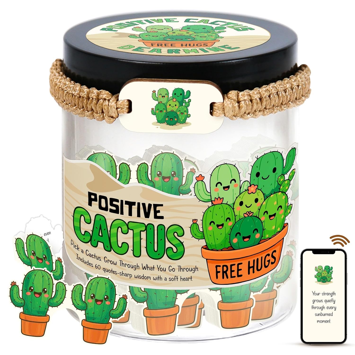 Positive Cactus Jar with 60 Daily Affirmation