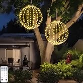 16" Large Outdoor Hanging Lighted Sphere, Christmas Decoration Light Balls, 2 in 1 Warm White and Multicolor Chandelier, 208 LED Iron Frame Foldable Globe for Patio Tree Gazebo Decor (2PK Plug in)