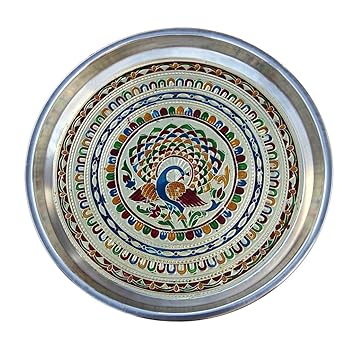 Handicrafts Paradise Puja thali in Stainless Steel with Peacock Motif