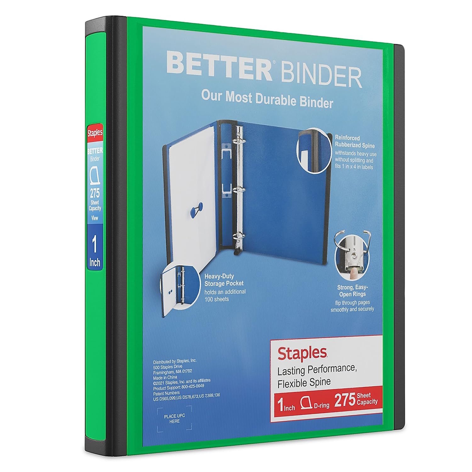1 Staples Better View Binder with D-Rings, Green by Staples