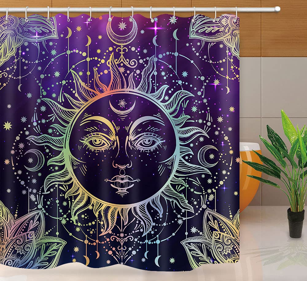Sun and Moon Shower Curtain, Burning Sun with Star Psychedelic Theme Bath Curtain, Washable Upgrade Polyester Fabric for Bathroom Accessories Set with Hooks, 72" x 78" , Purple, YLYYNT2060