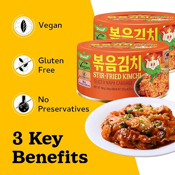 DELIEF STIR-FRIED CABBAGE KIMCHI – AUTHENTIC KOREAN CABBAGE, VEGAN, GLUTEN-FREE, SHELF-STABLE CANNED, NO PRESERVATIVES, 5.64 OZ/160 G (1 PACK)