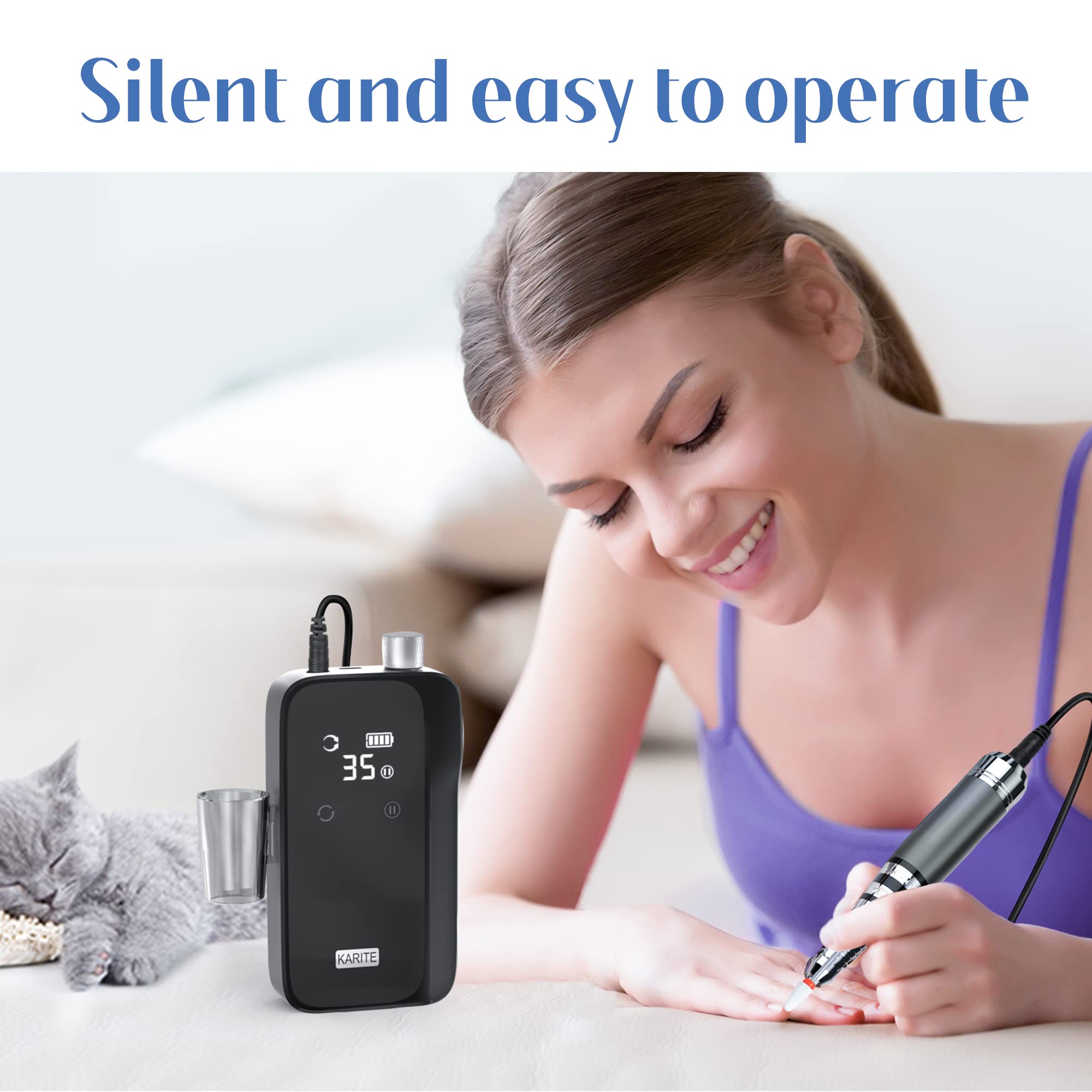 KARITE Nail Drill for Acrylic Nails Professional, 35000RPM Portable Nail File, Electric Nail Drill Machine 24H Working Time, Coreless Motor and 12 Bits, for Nail Art Manicure Pedicure, Low Noise - Image 5