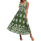 HELYO Women's Maxi Dress Summer Floral Print Flowy V Neck Sleeveless Bohemian Beach Casual Travel Long Dresses 583