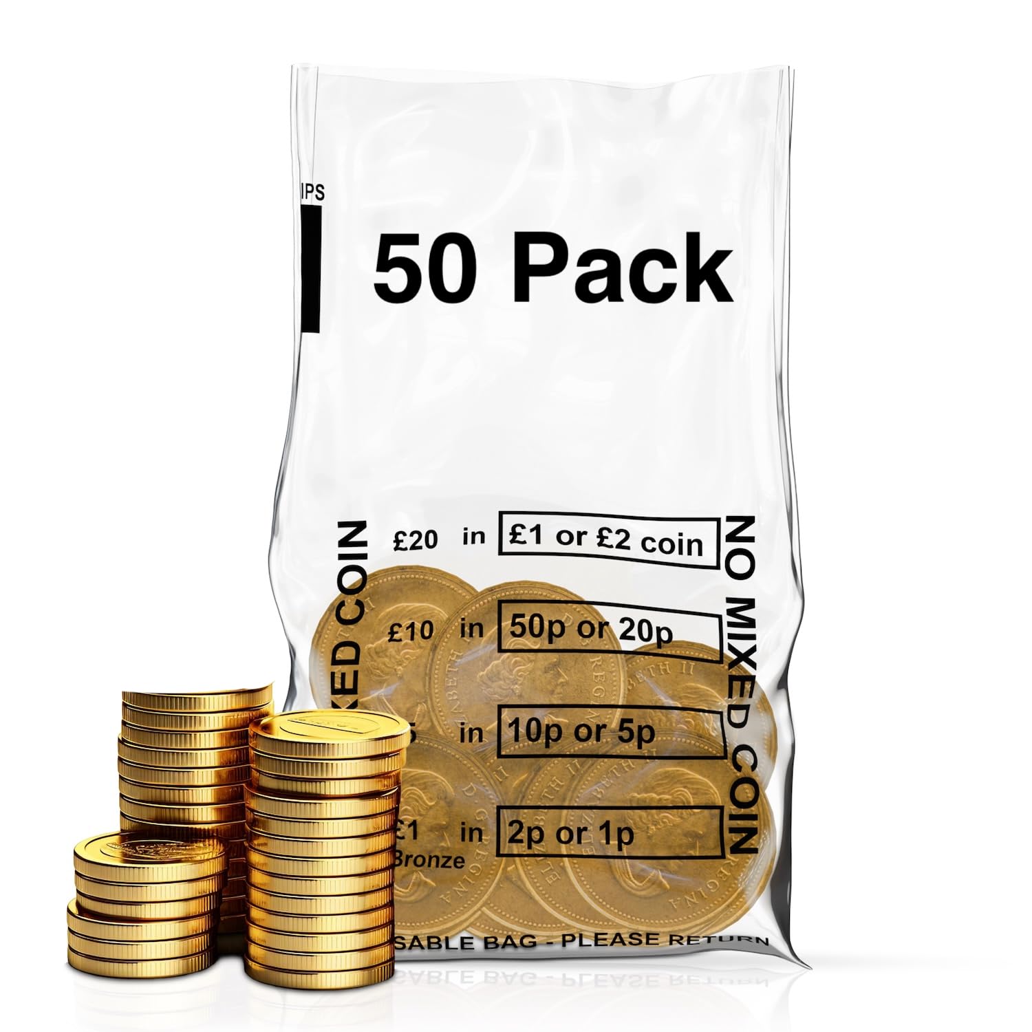 50 Pack - Coin Bags | Money Bank Bags | Clear Plastic No Mixed Coins Bank Bags | Banking Cash Retail No Mixed Coins Bags for Change Handling Shop Business Home Office