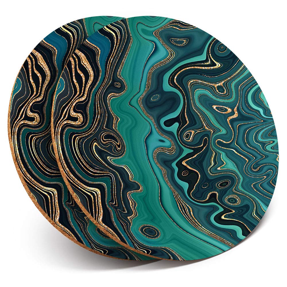 2 x Round Coasters - Teal Aqua Marble Effect Ink Art - Cork Backed Home Kitchen Accessory Tea Coffee Mug Mat #21845
