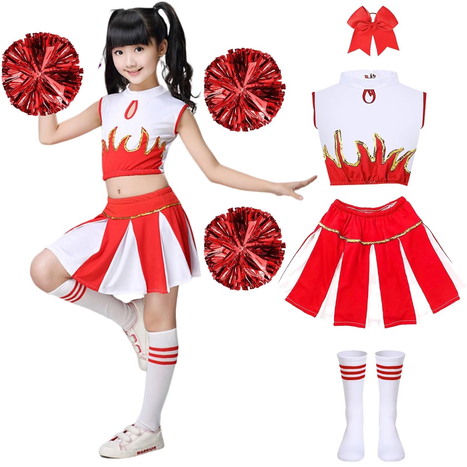 PIXUYE Girl Cheerleader Costume Children's Cheerleader Dress With Pom-Poms And Socks Uniform Carnival Costume Cosplay Masquerade Halloween Party Performance,Red 110cm