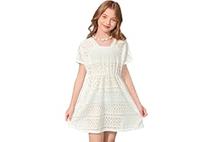 BesserBay Girls Summer Crochet Bat Sleeve Hollow Out Sheer Swimsuit A-line Hem Loose Fit Quickly Dry Coverups 5-14 Years