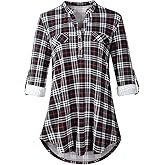 MONNURO Womens Plus Size Shirts 3/4 Sleeve Plaid Business Casual Tunic Tops Button Down Work Blouses Dressy