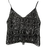 Women V Neck Sequin Cami Top Sexy See Through Strape Camisole Cute Beaded Top Going Out Party Outfits