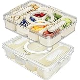 WHFDCai 2 Pack Divided Serving Tray with lid and Handle, 8 & 4 Compartments Snackle Box with Utensils, Fridge Food Veggie Condiment Storage, Kitchen Clear Food Container for Picnic, Camping, School