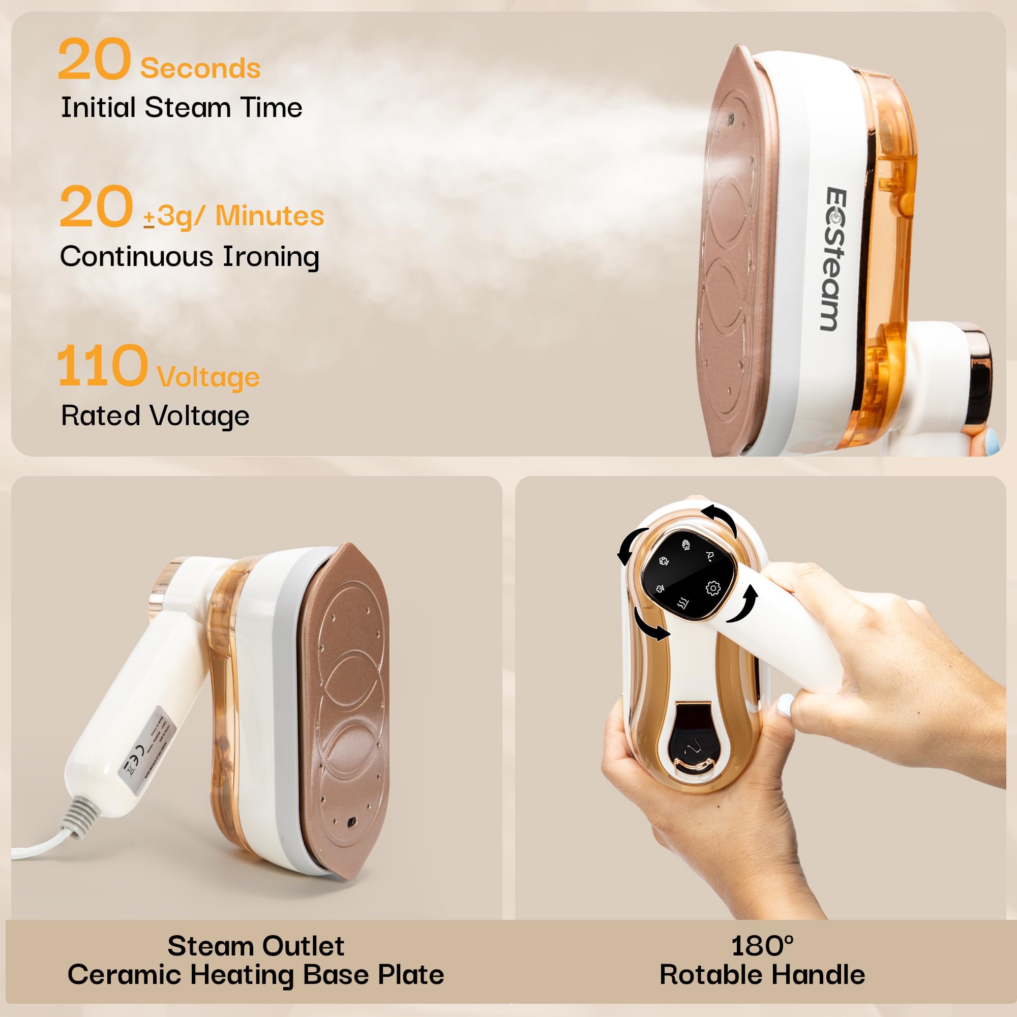 Garment Steamer for Clothes, 2-in-1 Portable Handheld Wrinkle Remover & Steam Iron, 1200W Fast Heat-Up, Compact Travel-Friendly Design, 180ml Tank, Ceramic Soleplate, Rotating Handle