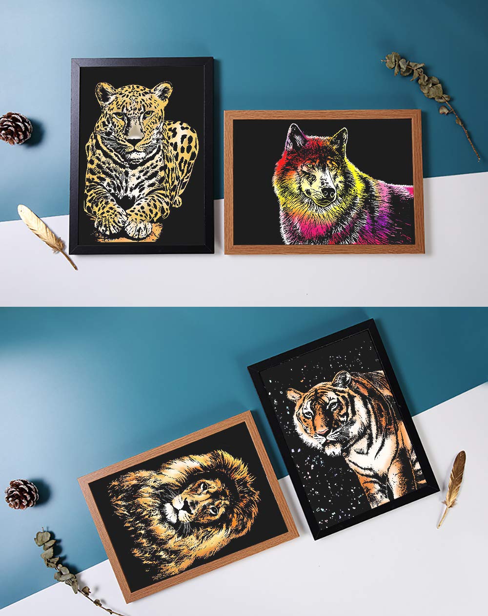 MIASTAR Scratch & Sketch Art for Kids & Adults, Rainbow Painting Night View Scratchboard(A4), Art & Craft, 4 Sheets Scratch Cards & Drawing Pen, Clean Brush (Wild Beast)