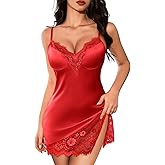 Kolagri Womens Sexy Satin Nightgown Spaghetti Strap Lace V Neck Lingerie Dress Slip Babydoll Chemise Sleep Wear