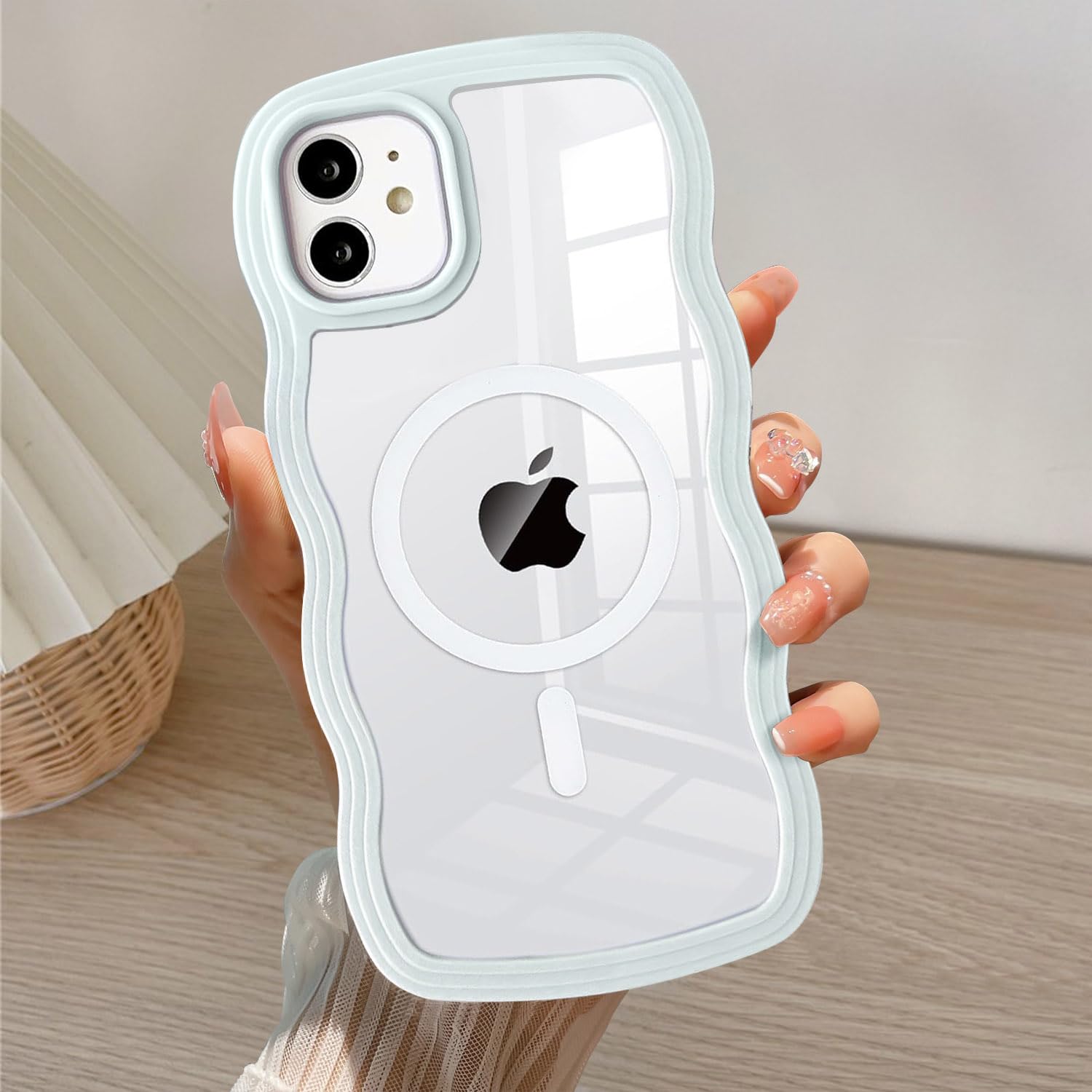 QLTYPRI Magnetic for iPhone 11 Case Compatible with Magsafe,Cute Curly Wave Frame Clear Case for Girls Women,Transparent Soft TPU Bumper Shockproof Protective Phone Case Cover for iPhone 11-Light Blue — image 1