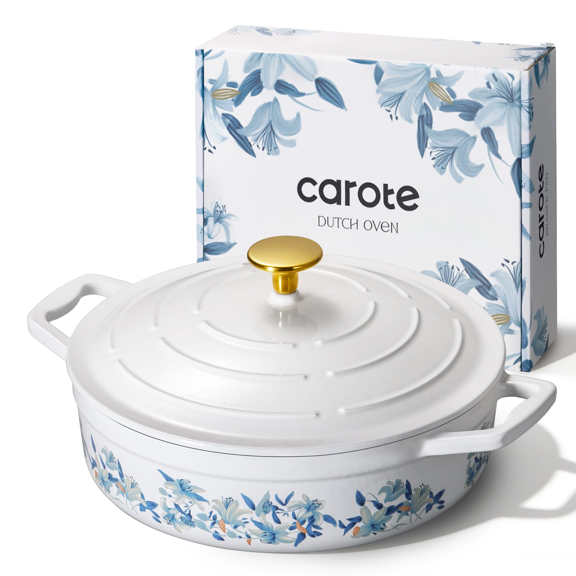 carote 3.5qt enameled cast iron braiser pan, shallow floral dutch oven casserole skillets, non-toxic cast iron pot with lid for baking, dual handles, all stovetop compatible, white & blue