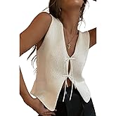Meihuida Women Vest Top Tie Front Y2k Crochet Knit V Neck Sleeveless Vest Casual Streetwear