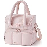 BAGSMART Lunch Bag Women, Double Deck Insulated Lunch Box, Quilted Puffer Lunch Tote, Leakproof, Durable & Reusable Large Lunch Cooler For Work Picnic Travel Meal Prep, Pink